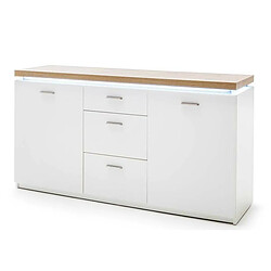 Pegane Buffet, meuble de rangement coloris blanc avec plateau finition chêne wotan - Longueur 156 x Hauteur 83 x Profondeur 44 cm 