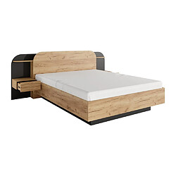 Acheter Vente-Unique Lit avec chevets 160 x 200 cm - Avec LEDs - Coloris : Naturel et noir + Sommier + Matelas - JUVISIA