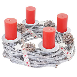 Decoshop26 Couronne de l'avent ronde décoration de table Noël bois Ø 30cm blanc-gris avec bougies rouge 04_0002563