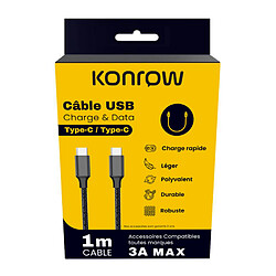 Konrow KCATCNPDB1 - Câble USB Type C vers Type C (1m, Nylon, Noir) - Emballage Original