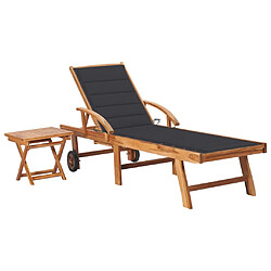 vidaXL Chaise longue avec table et coussin Bois de teck solide