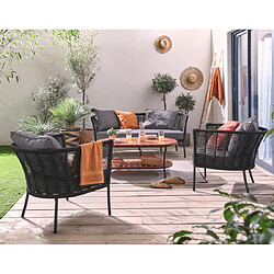 Bestmobilier MOANA - salon bas de jardin 4 pl + table - corde, métal et bois - noir coussins gris - housse de protection MOANA - salon bas de jardin 4 pl + table - corde, métal et bois - noir coussins gris - housse de protection - Multicolore