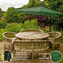 Monstershop Parasol Vert 3m avec LED's Intégrés Parasol Déporté Vert Incinable Ombrage de 3M 24 LED Energie Solaire Protection UV Terrasse Patio Cour Piscine Jardin Héxagonale [Sans Base + Housse Imperméable INCLUSE]