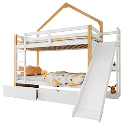 ComfortXL Lit Superposé 90x200cm en Bois avec Toit, Fenêtre, Lumières LED et Deux Tiroirs, Blanc Naturel