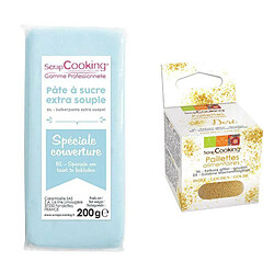 Scrapcooking Pâte à sucre de couverture bleu clair 200 g + paillettes dorées