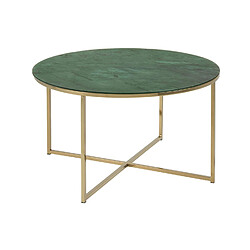 Toilinux Table basse ronde effet marbre en verre et métal - L.80 cm x H. 45 cm - Vert et Doré