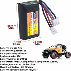 Lot de 2 Batteries LiPo 7.4V 600mAh 35C 2S avec Prise Molex - Compatible avec FMS FCX24 RC Car Truck et Véhicules d’escalade électriques pas cher