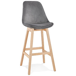 Alterego Tabouret de bar 'MORISS' en velours gris et pieds en bois naturel