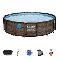 Piscine Hors-sol Tubulaire Bestway Power Steel Imitation Rotin 488x122 cm Épurateur à Cartouche 5.678 L/H Bâche, Échelle 