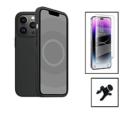 PHONECARE Kit Film Hydrogel Full Cover Avant + Coque Silicone Liquide + Support de Voiture Renforcé pour Apple iPhone 15 Pro Max - Noir 