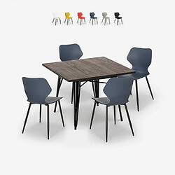 Ahd Amazing Home Design Ensemble 4 Chaises Polypropylène Table Carrée 80x80cm Tolix Métal Howe Dark, Couleur: Bleu