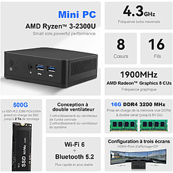 VANWIN Mini PC AMD Ryzen 3-2300U (jusqu'à 4,3 GHz) 16Go DDR4 512Go M.2 NVMe SSD Mini Ordinateur USB3.0*2 HDMI Gigabit-Ethernet Dual-Band Wi-FI 2.4/5.0G BT5.2-Noir