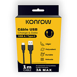 Konrow KCATCNB1 - Câble USB Type A vers Type C - 1m - Nylon - Noir (Blister) 