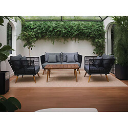 Bestmobilier TIAGO - salon bas de jardin 4 places + table - corde et bois - noir et coussins gris