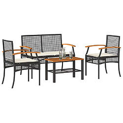 vidaXL Salon de jardin 4 pcs avec coussins Noir Résine tressée 