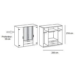 Acheter Inside 75 Armoire PORTLAND style industriel 200 cm 4 portes 2 miroirs chêne poutre graphite