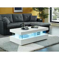 Vente-Unique Table basse 2 tiroirs et 2 niches avec LEDs - MDF et verre trempé - Blanc laqué - FABIO II