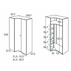 Inside 75 Armoire d'angle porte courbe à gauche 109,7 x 240 cm finition chêne blanchis