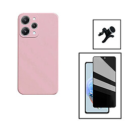 PHONECARE Kit Film Verre Trempé 5D Anti-Spy + Coque Silicone Liquide + Support Magnétique de Voiture Renforcé pour Xiaomi Redmi 12 - Rose