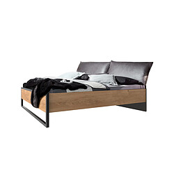 Lit futon adulte avec tête de lit rembourré et 2 chevets Imitation chêne poutre rechampis raw steel - 180 x 200 cm -PEGANE-