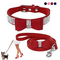 Universal Nœuds en suède cuir strass collier pour chien et housse de laisse chiot chat chihuahua collier pour petit chien chat | collier chien chat | collier niveau chat (rouge) pas cher