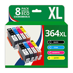 123CONSOMMABLES - 364XL - Pack 8 Cartouche d'encre Compatible avec HP 364 364XL pour Officejet 4620 4610 4622 Deskjet 3070A 3520 3524 Photosmart 5520 5510 5511 5512 (2 Noir / 2 Cyan / 2 Magenta / 2 Jaune) 