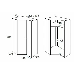 Inside 75 Armoire d'angle pan-coupé droite 2 portes 118,6 x 220 cm finition chêne blanchis 1 étagère