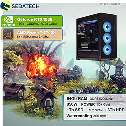 Sedatech PC Gamer • AMD Ryzen 7 7700X • RTX4080 • 64Go DDR5 • 1To SSD M.2 • 3To HDD • sans OS