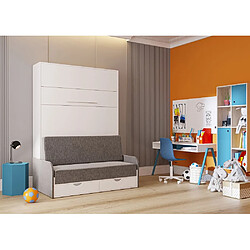 Inside 75 Armoire lit escamotable KOMPACT SOFA blanc mat canapé tiroirs accoudoirs tissu gris 140*200 cm