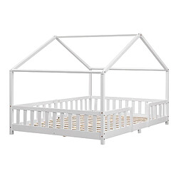 Lit d'Enfant Forme Maison avec Grille de Protection Treviolo 200 x 140 cm Blanc Mat Laqué [en.casa]