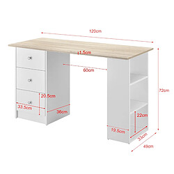 Helloshop26 Bureau table poste de travail informatique avec 3 tiroirs 120 cm blanc et bois 03_0004709