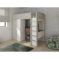 Vente-Unique Lit mezzanine 90 x 200 cm avec armoire et bureau - Naturel grisé et blanc + Matelas - NICOLAS