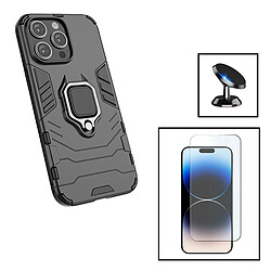 PHONECARE Kit Verre Trempé ClearGlass + Coque 3X1 Military Defender + Support Magnétique de Voiture pour Apple iPhone 15 - Noir