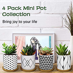 BESTA 4PCS Pot de Fleur, Mini Pots de Plantes Succulentes en Céramique avec Plateau en Bambou pour Petites Plantes Fleurs Cactus Décorations pour la Maison Décor