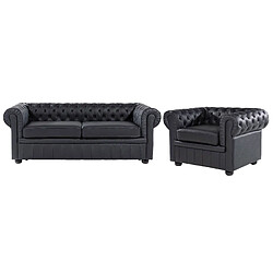 Beliani Ensemble canapé et fauteuil en cuir noir 4 places CHESTERFIELD