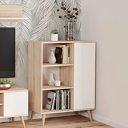 Alter Buffet avec 1 porte et 2 étagères, Buffet avec pieds, Buffet de salon de style scandi, Bibliothèque avec étagères, 40x90h116 cm, Couleur Blanc et Chêne