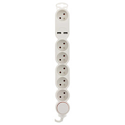 Bloc Home 6 prises 16A 2P+T + 2x USB 2,1A avec interrupteur et fiche extraplate - Blanc - câble HO5VV-F 3G1 1,5m - Zenitech