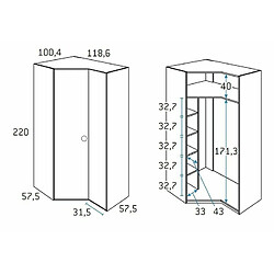 Inside 75 Armoire d'angle pan-coupé droite 2 portes 118,6 x 220 cm finition chêne blanchis