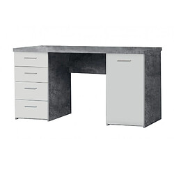 Meubletmoi Bureau blanc avec 4 tiroirs et 1 porte, finition béton gris - ALVIN