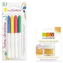 Scrapcooking 4 feutres alimentaires jaune, vert, rose, bleu + paillettes dorées