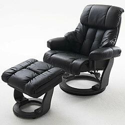 Inside 75 Fauteuil relax CLAIRAC assise en cuir noir pied en bois noir avec repose pied 