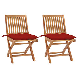 vidaXL Chaises de jardin lot de 2 et coussins rouge Bois teck massif