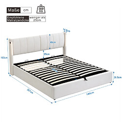 LBF Lit capitonné 140 x 200 cm, avec éclairage LED et grand rangement, tête de lit, lit capitonné LED à deux vantaux, matière lin, lit adulte sans matelas, blanc galet