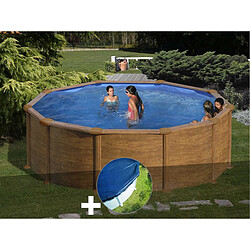 Kit piscine acier aspect bois Gré Mauritius ronde 3,70 x 1,32 m + Bâche hiver