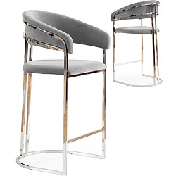 Vivenla Tabouret de bar design en acier inoxydable argenté et revêtement en velours gris clair collection JEVON 