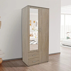 Mes Armoire 2 portes 2 tiroirs 1 miroir 80x52x185 cm décor chêne