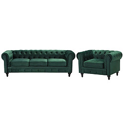 Beliani Ensemble canapé et fauteuil en velours vert 4 places CHESTERFIELD