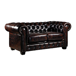 Avis Vente-Unique Canapé chesterfield 2 places BRENTON 100% cuir de buffle - Marron reflets châtains