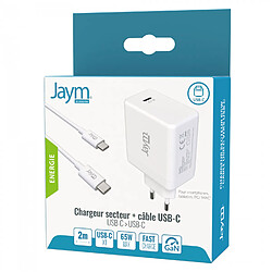 Jaym - Chargeur 1 Usb-c Power Delivery 65w Avec Technologie Gan Et Puce Intelligente Qui Adapte La Puissance À L'appareil Connecté + Cable Usb-c 100w 