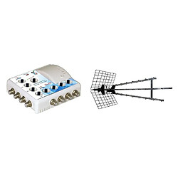 Antenne d'extérieur Trinappe amplifiée 57 dB UHF 4K HD Metronic 415049 + Amplificateur TV TNT Intérieur 8 S Filtre 4G Blanc 372018 